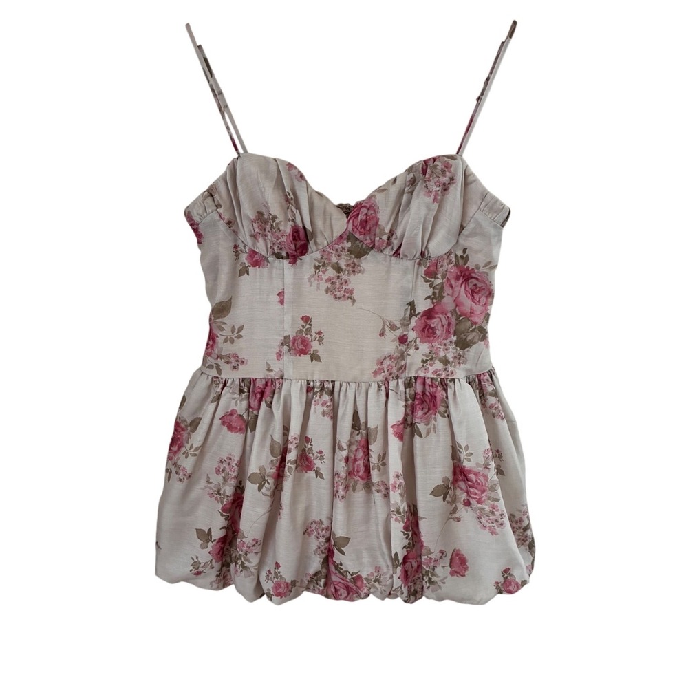 Seni & Cade Floral Bustier Bubble Hem Mini Dress Taupe Pink Size L NWT